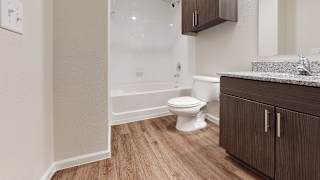 Bathroom with white tub surround and woodstyle flooring at High Point Preserve Apartments, Austin, TX 78724