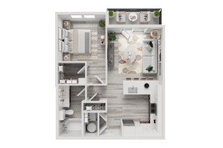 3D floor plan with bedroom living area and kitchen 2 at Cantarra Apartments, Texas, 78653