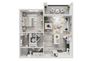 3D floor plan with bedroom bathroom and living areas at Cantarra Apartments, Manor, TX