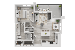 3D furnished floor plan with bedroom and living areas at Cantarra Apartments, Manor, 78653