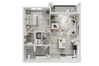 3D floor plan with open living and dining layout at Cantarra Apartments, Manor
