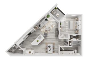 3D floor plan with angled living space and bedroom at Cantarra Apartments, Texas, 78653
