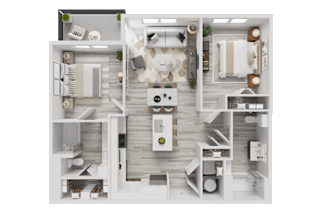 3D furnished floor plan with two bedrooms and bathrooms at Cantarra Apartments, Manor, TX