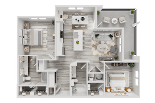 3D floor plan with two bedrooms and balcony 1 at Cantarra Apartments, Texas