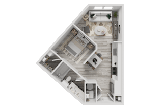 3D furnished studio floor plan with angled layout at Cantarra Apartments, Manor, TX 78653