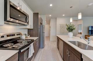 Galley kitchen with white countertops and stainless appliances 1 at Cantarra Apartments, Texas, 78653