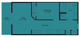 One bedroom floor plan with patio and walk-in closets at Cantarra Apartments, Manor, TX 78653