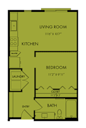 One bedroom apartment floor plan layout at Bridge at Windsor Park Apartments, Austin