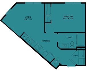 One bedroom floor plan layout with angled kitchen at Cantarra Apartments, Manor, TX