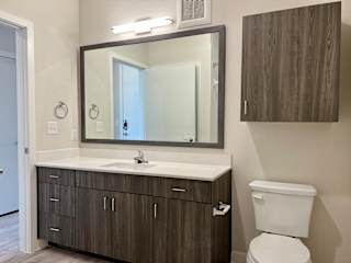 Modern bathroom with sink vanity at Bridge at Windsor Park Apartments, Texas