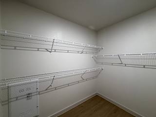 Empty walk-in closet with shelves and a white cabinet.