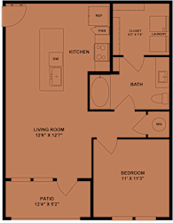 A floor plan of a home with a living room, kitchen, bathroom, bedroom, and patio.