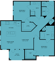 A blueprint of a house layout with labeled rooms and dimensions.