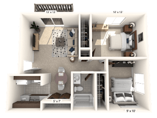 2 Bed 1 Bath Floor Plan at Bavarian Village Apartments, Indianapolis, 46235
