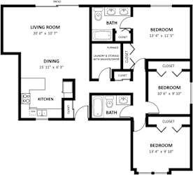 Three bedroom birchwood deluxe 2D  floor plan at Tanglewood Apartments, Oak Creek, WI