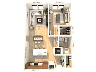 A 3D floor plan of a small apartment with a kitchen, living room, and bedroom.