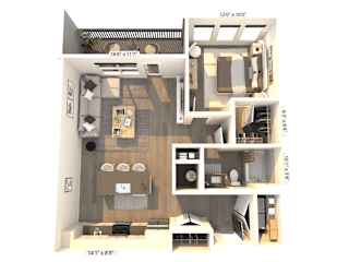 A 3D floor plan of a small apartment with a kitchen, living room, and bedroom.