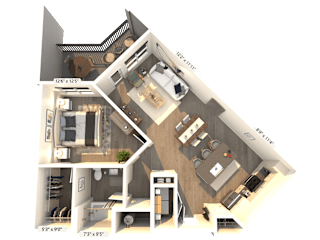 A 3D floor plan of a house with dimensions and room labels.