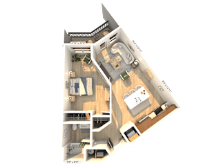 A 3D floor plan of a house with a living room, kitchen, and two bedrooms.