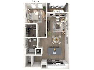 A 3D floor plan of a small apartment with a kitchen, living room, and bathroom