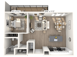 A 24 by 12 inch floor plan of a room with furniture and appliances