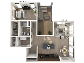 A 3D floor plan of a small apartment with a living room, kitchen, and bedroom