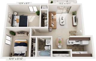 Standard Two Bedroom 3D Floor Plan at Apple Ridge Apartments, Michigan