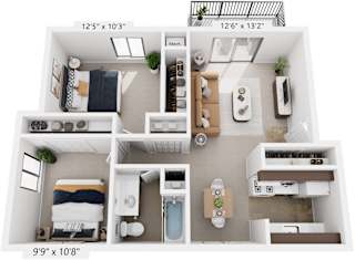 Two Bedroom Deluxe 3D Floor Plan at Apple Ridge Apartments, Michigan, 49534