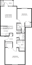 Two bedroom two bathroom apartment floor plan layout at Black Sand Apartments Homes, Lincoln, NE