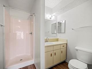Bathroom with beige vanity and walk-in shower at Brentwood Park Apartments, Nebraska
