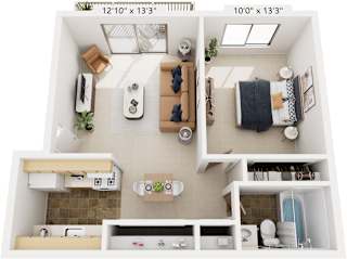 One Bedroom 3D Floor Plan at Briarwood Apartments, Benton Harbor, MI, 49022
