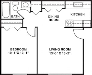 One bedroom apartment floor plan layout at Brookside Apartments, Springfield, 49037