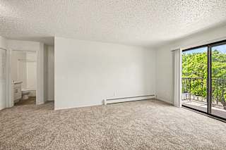 Empty carpeted bedroom with balcony access at Brookside Apartments, Springfield, Michigan