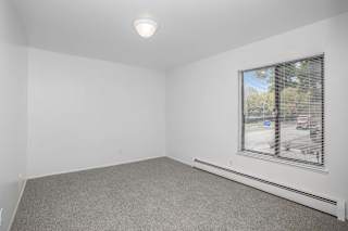 Empty carpeted bedroom with window and ceiling light at Brookside Apartments, Michigan, 49037