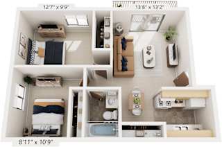 2 bedroom 1 bathroom floorplan at Brookside Apartments, Springfield, MI