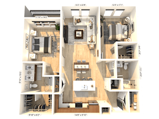 A 3D floor plan of a house with dimensions and room labels.