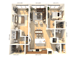 A 3D floor plan of a small apartment with a living room, kitchen, and two bedrooms.