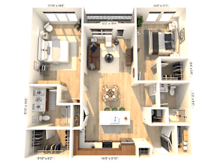 A 3D floor plan of a house with a living room, kitchen, dining room, and two bedrooms.