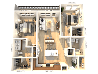 A 3D floor plan of a house with labeled dimensions.