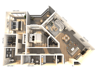 A 3D floor plan of a house with a living room, kitchen, and two bedrooms.