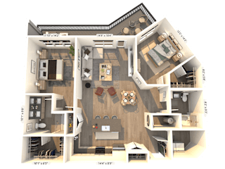 A 3D floor plan of a house with a living room, kitchen, and two bedrooms.