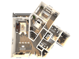A 3D floor plan of a house with a kitchen, living room, and two bedrooms.
