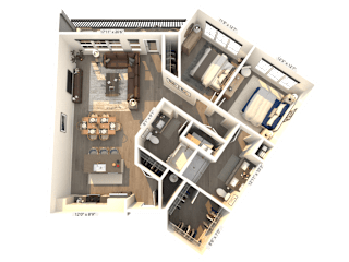 A 3D floor plan of a house with a living room, kitchen, and two bedrooms.