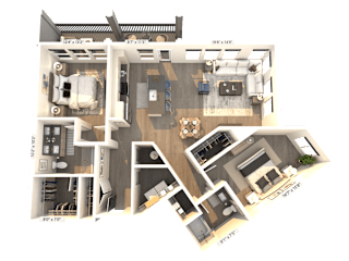 A 3D floor plan of an apartment layout.