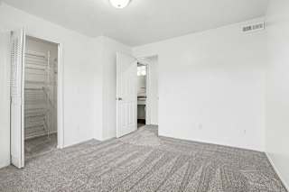 A spacious bedroom with a carpeted floor and a walk-in closet with organizers at Canal Club Apartments in Lansing, MI