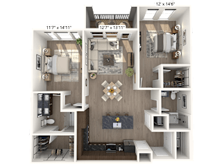 A 3D floor plan of a small apartment with a living room, kitchen, and bedroom