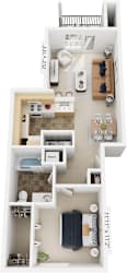 1 bedroom one bathroom floorplan with balcony at Colonial Pointe at Fairview Apartments, Bellevue, NE 68123