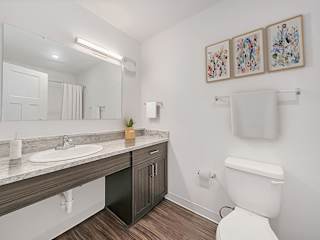 Bathroom with granite countertops and white fixtures at Copper Creek Homes Apartments, Maize