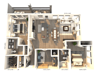 A 3D floor plan of a house with labeled dimensions.