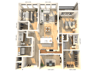 A 3D floor plan of a house with a living room, kitchen, and two bedrooms.